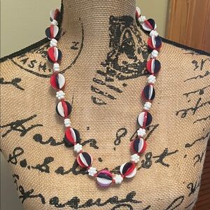 Vintage Red White & Blue Plastic Beaded Necklace Hong Kong